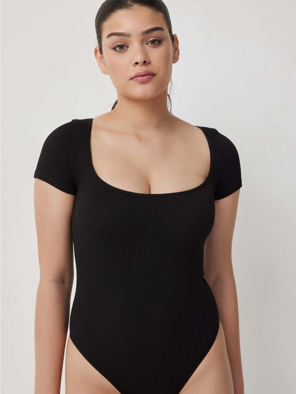 Ardene Black Ribbed Scoop Neck Short Sleeve Bodysuit Medium NWT Body con